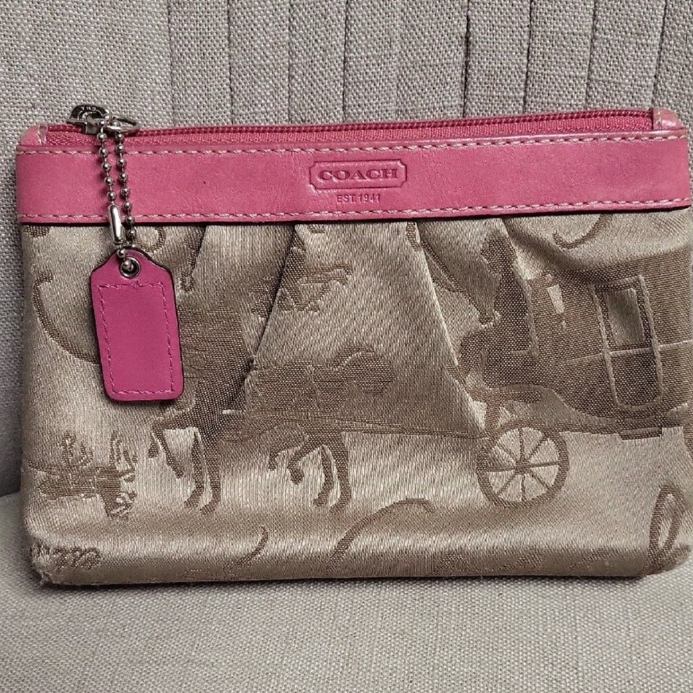 Coach Beige Jacquard Wristlet with Pink Trim